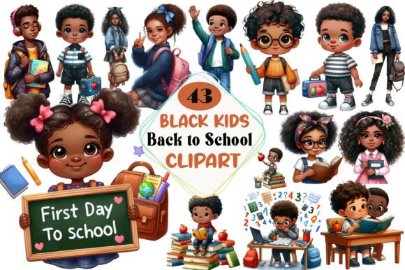 Black Kids Back to School Clipart for Creative Projects